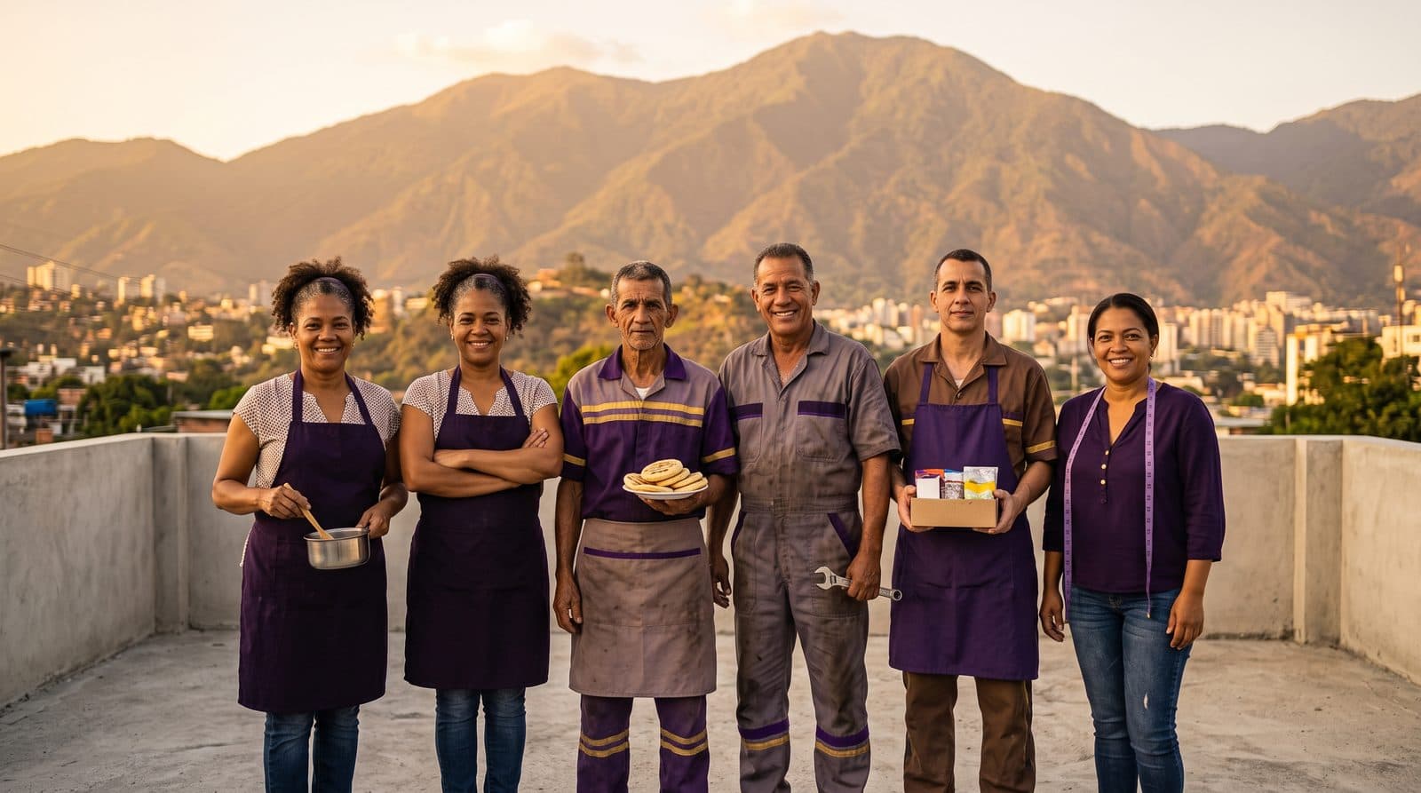 Seis comerciantes en una azotea